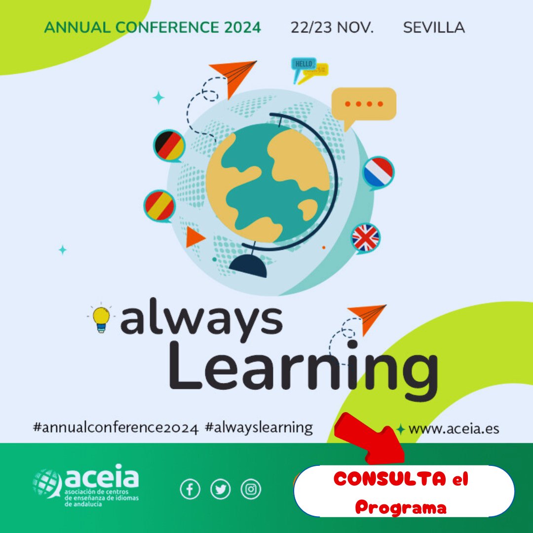#AceiaConference24 #alwayslearning #SavetheDate #English #Teachers #Idiomas #Francés
¡Acabamos el mes con grandes noticias! 📰Conoce el programa 📄de #AceiaConference24, #Sevilla, 22-23 Nov🗒️INSCRIPCIONES: 2 Sept aceia.es/wp.../uploads/…