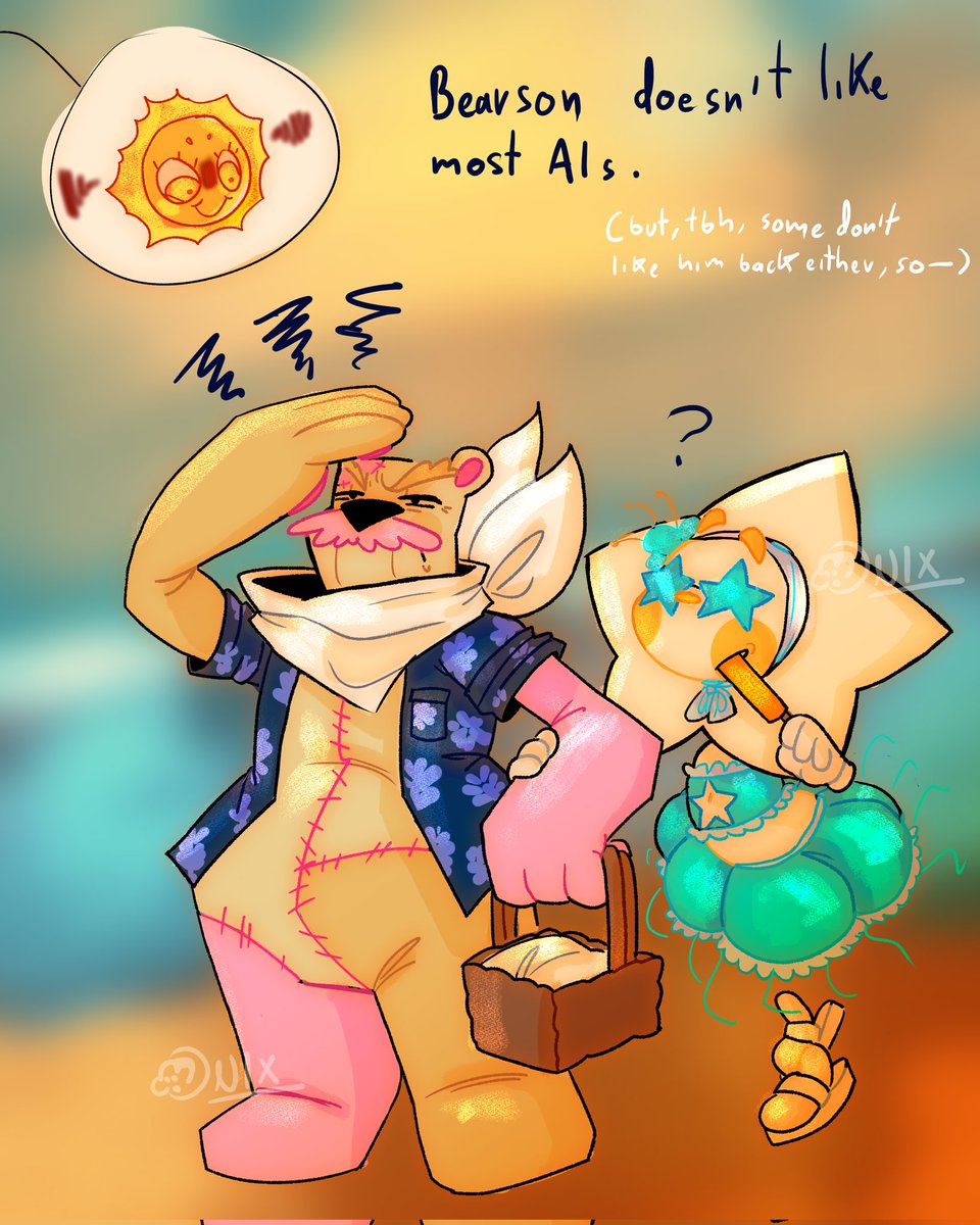 Caine gave the cast a beach episode, and theyre enjoying it- somewhat-

Bearson stays with his purse (ITS A BAG, he says) and when hes not resting and chilling, he just critisizes-

And Eepy can't swim anyways.

#tadc #tadcoc  #TheAmazingDigitalCircus #TheAmazingDigitalCircusoc