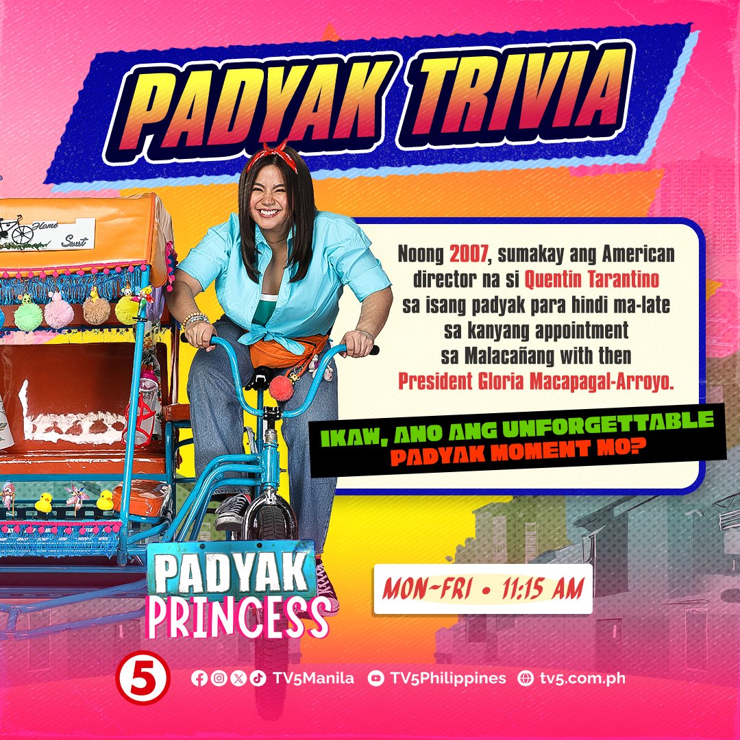 As an iconic Filipino ride, napagsilbihan na rin ng isang padyak ang American Director na si Quentin Tarantino papuntang Malacañang!🙌🏻👏🏻

Tiyak na may core memories din kayo with padyak. Ibahagi at i-comment na ang inyong padyak moments! 😊

#PadyakPrincessTV5 #GandangMorningsTV5