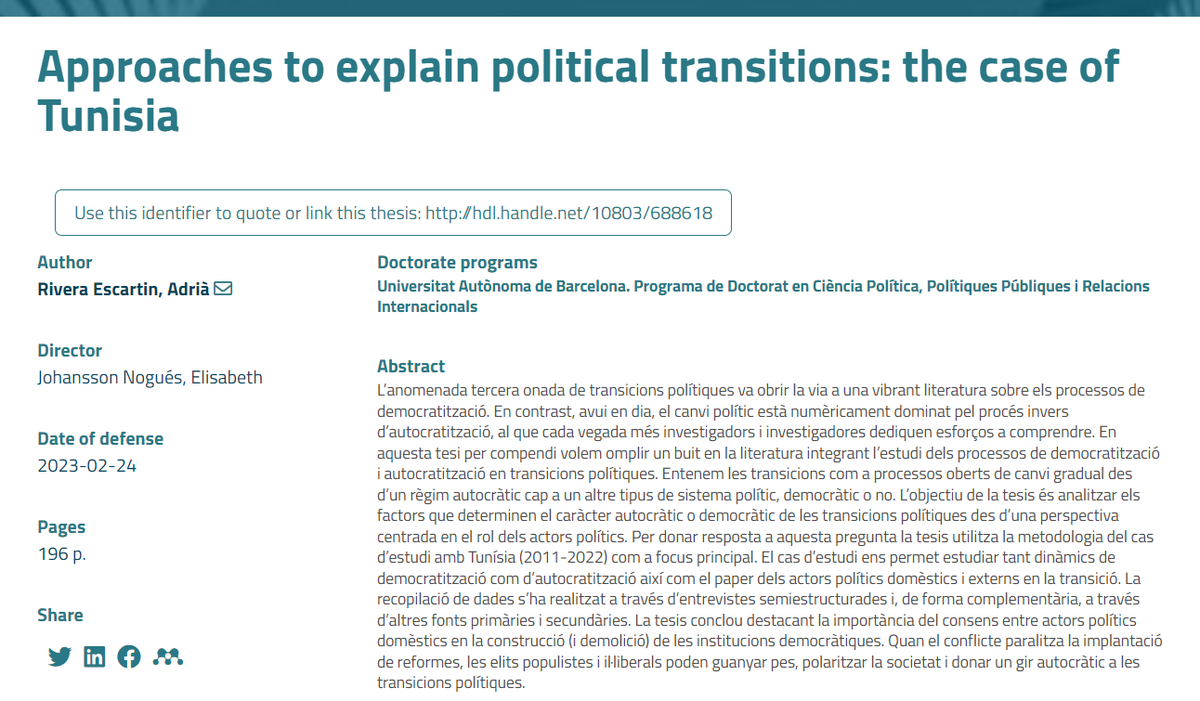 👏 Donem l’enhorabona a @RiveraEscartin (<a href="/IBEI/">Institut Barcelona d'Estudis Internacionals</a>) pel Premi Extraordinari de Doctorat 'Politics, Policies and International Relations' (2022-23) <a href="/UABBarcelona/">Universitat Autònoma de Barcelona</a>.

🔗 Accedeix a la seva tesi "Approaches to explain political transitions: the case of #Tunisia": hdl.handle.net/10803/688618