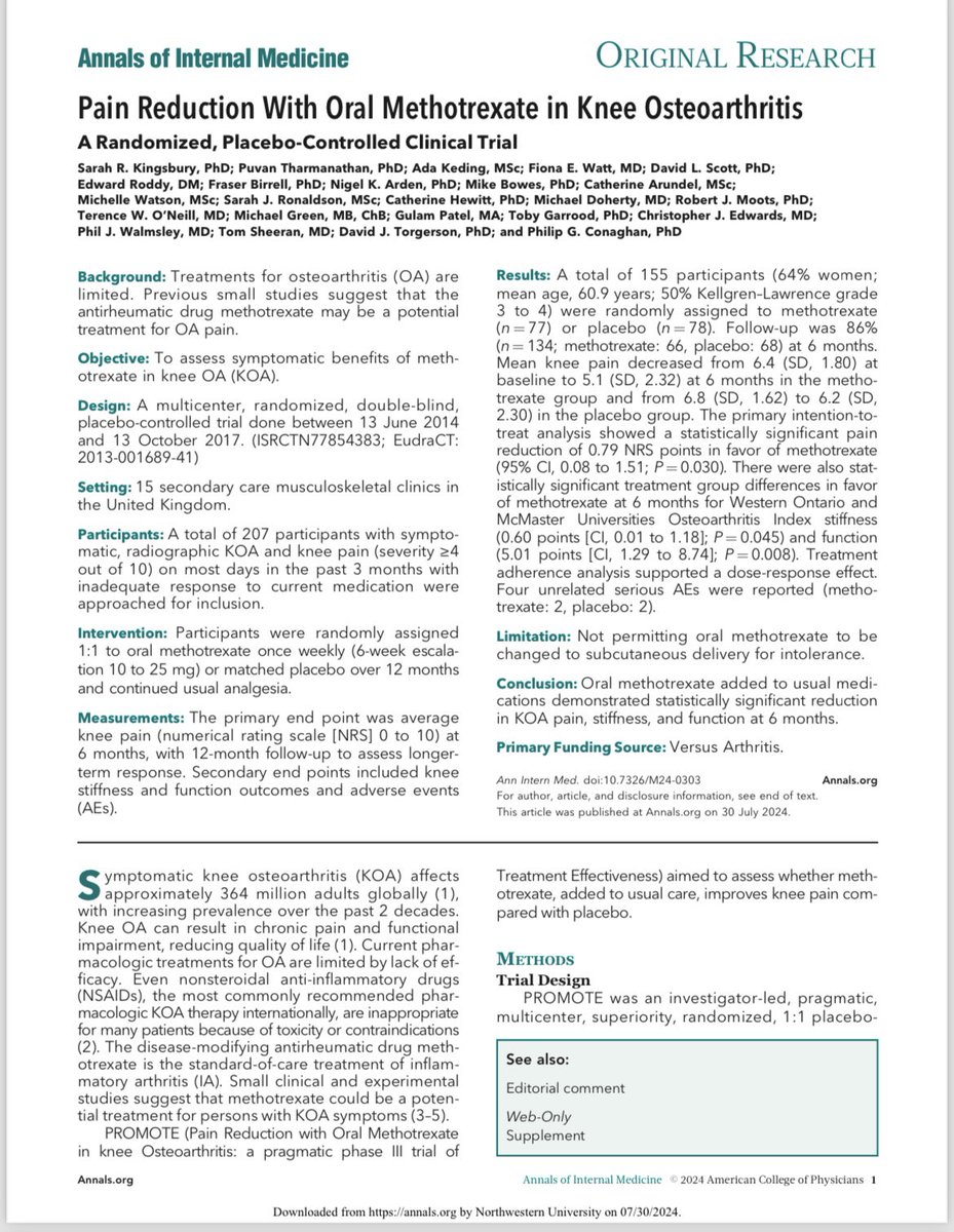 anisha_dua's tweet image. Rct of > 200 patients with knee OA treated with usual care plus mtx vs pbo. Mtx titrated to 25mg weekly and showed improvement in pain score c/w PBO at 6 months w/o significant AEs! @Tuhina_Neogi @AM_Malf —will this change OA management?