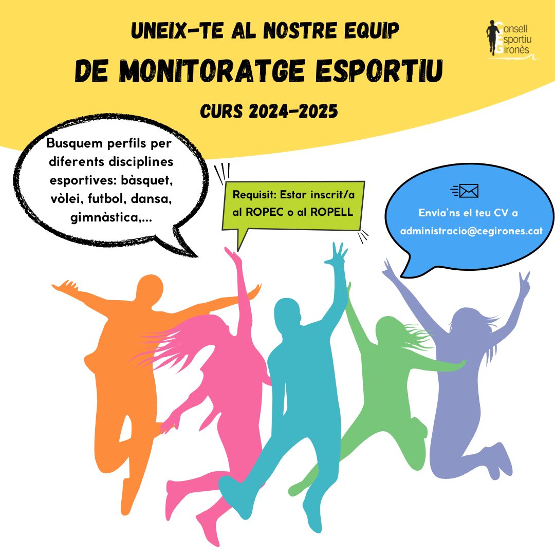 cegirones's tweet photo. 🤗 Uneix-te al nostre equip de #monitoratge esportiu! 

Envia'ns ja el teu #currículum
📧 administracio@cegirones.cat
➡️ https://t.co/h2iHgzaN1i
📱 972 20 61 49

Requisit: Estar inscrit/a al ROPEC  o al ROPELL

#ofertadefeina #feina #treball #monitor #borsadetreball #cegironès https://t.co/V8cZ5BSA9I