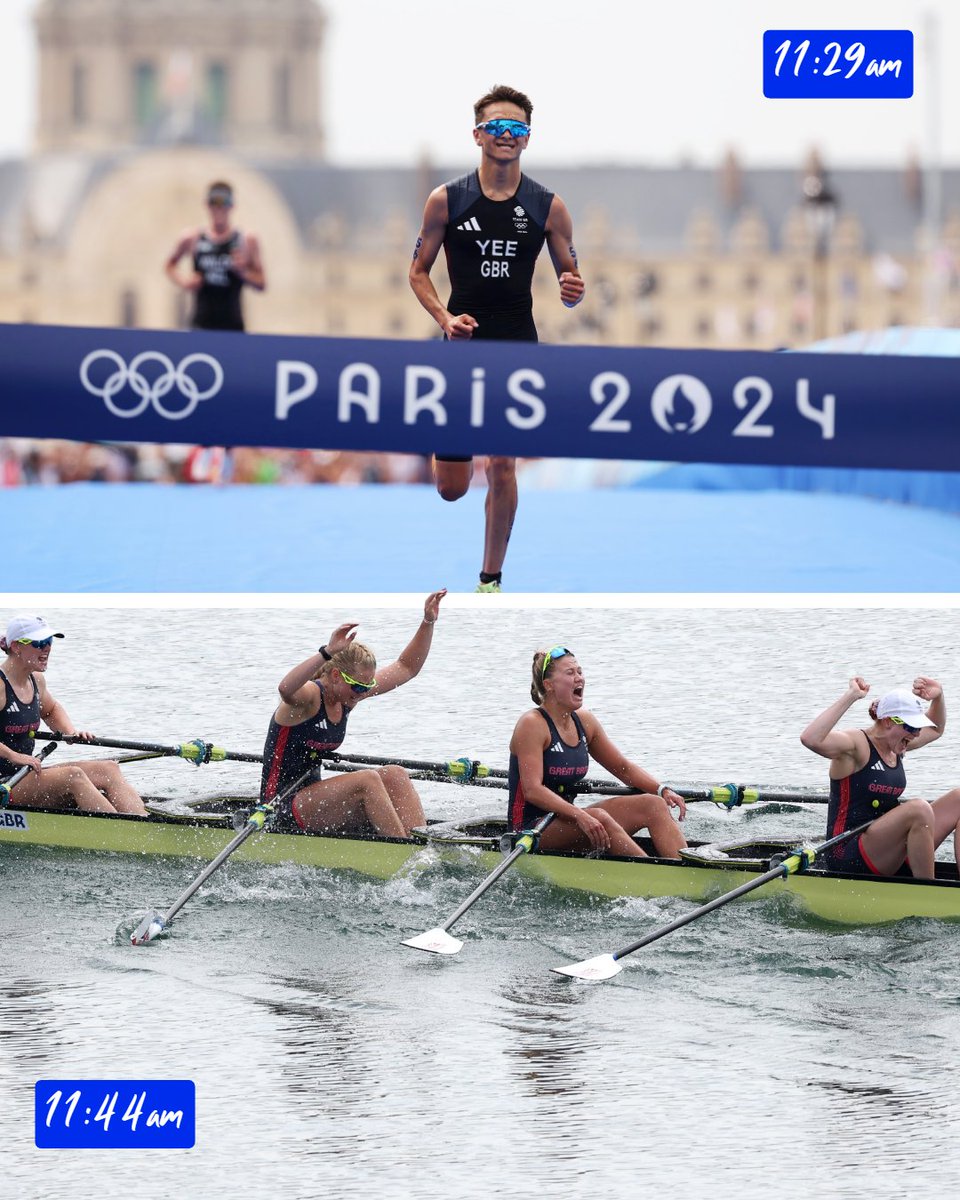 ⏰ 11:29am - Alex Yee comes from behind to win GOLD 🥇

⏰ 11:44am - Women's quad sculls team come from behind to win GOLD 🥇

🫣 😅