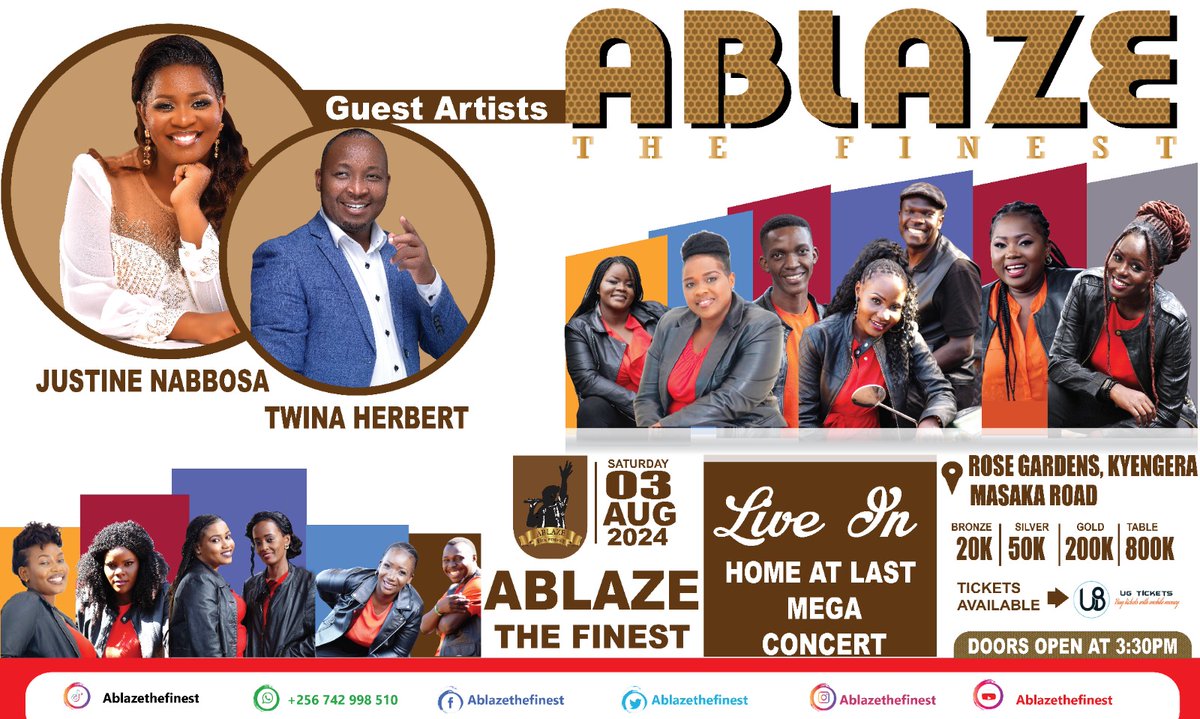 Get ready to be Ablaze with excitement! Only 3 days left until the big debut concert on August 3, 2024 at Rose Gardens Kyengera! 🔥 Don't miss out on special guests Pastor Twina Herbert and Pastor Justine Nabbosa! Grab your tickets now! 👇ugtickets.com/event/ablaze-t…
.
.
#GospelMusic