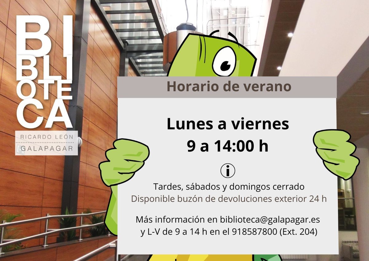 ☀️¡Mañana comienza el horario de verano!

ℹ️ Puedes devolver tus libros en el buzón 24h situado en la entrada de la biblioteca o renovarlos vía email, por teléfono o en el Portal del Lector.

📅 Horario vigente hasta el 2 de septiembre 

🏖️ ¡Felices vacaciones!
