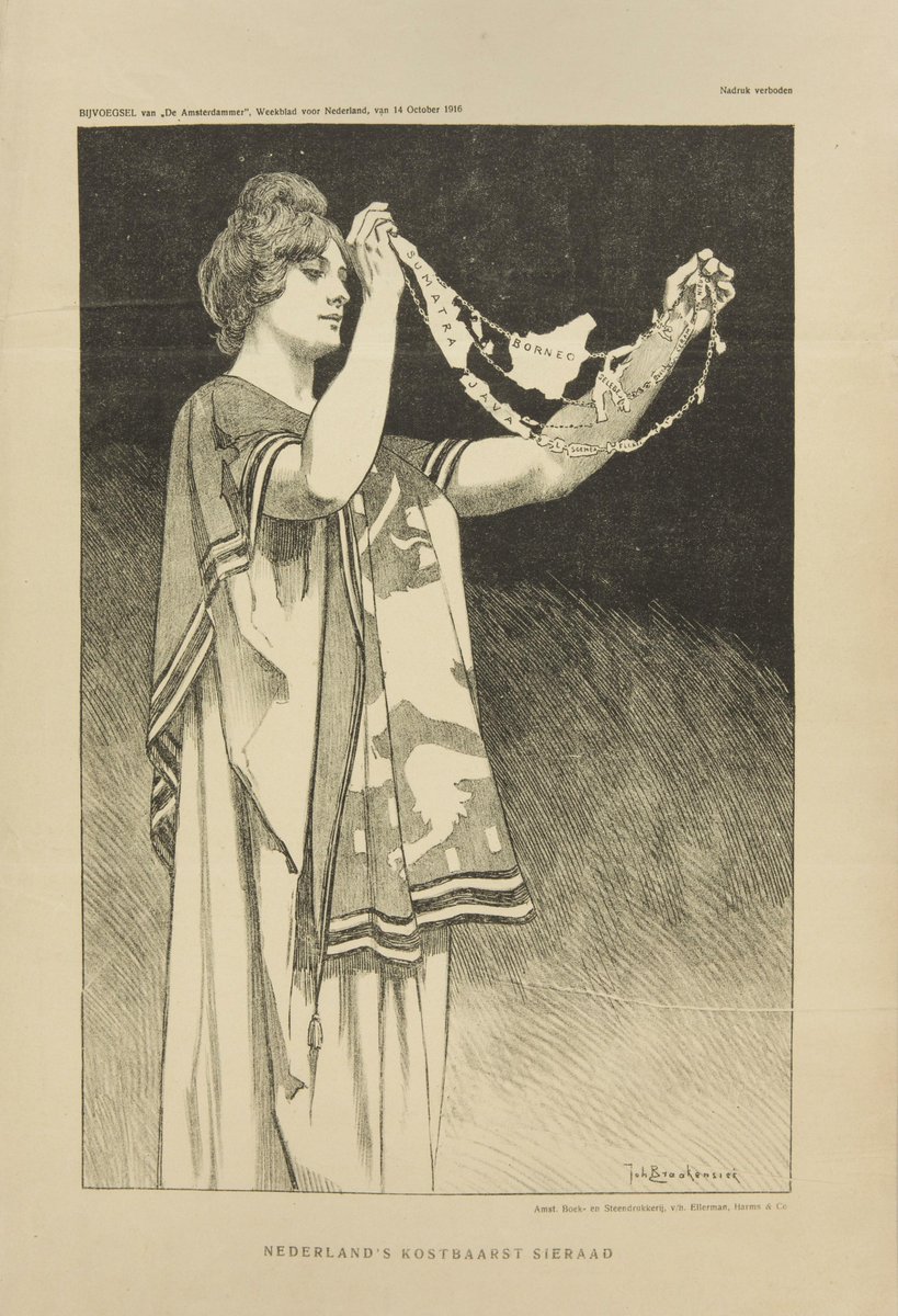 Nederland's kostbaarst sieraad — permata banda Belanda yang paling berharga. Lakaran Johan Braakensiek, 1916.

Bahwa permata tsb berlumur darah korban kekerasan kolonial, pekat bau pemiskinan sistematis orang jelata tanah jajahan dst — begitulah nasib kalian sbg bangsa primitif?