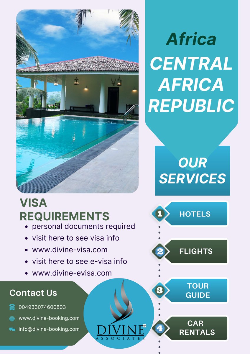 Discover Central Africa Republic with Divine Associates Ltd. Visa, car rental, hotel booking, and expert tour guide services available.  
#DivineTravel #CentralAfrica #VisaExperts #hotel #VisaServices #DivineAssociates #GlobalAccess