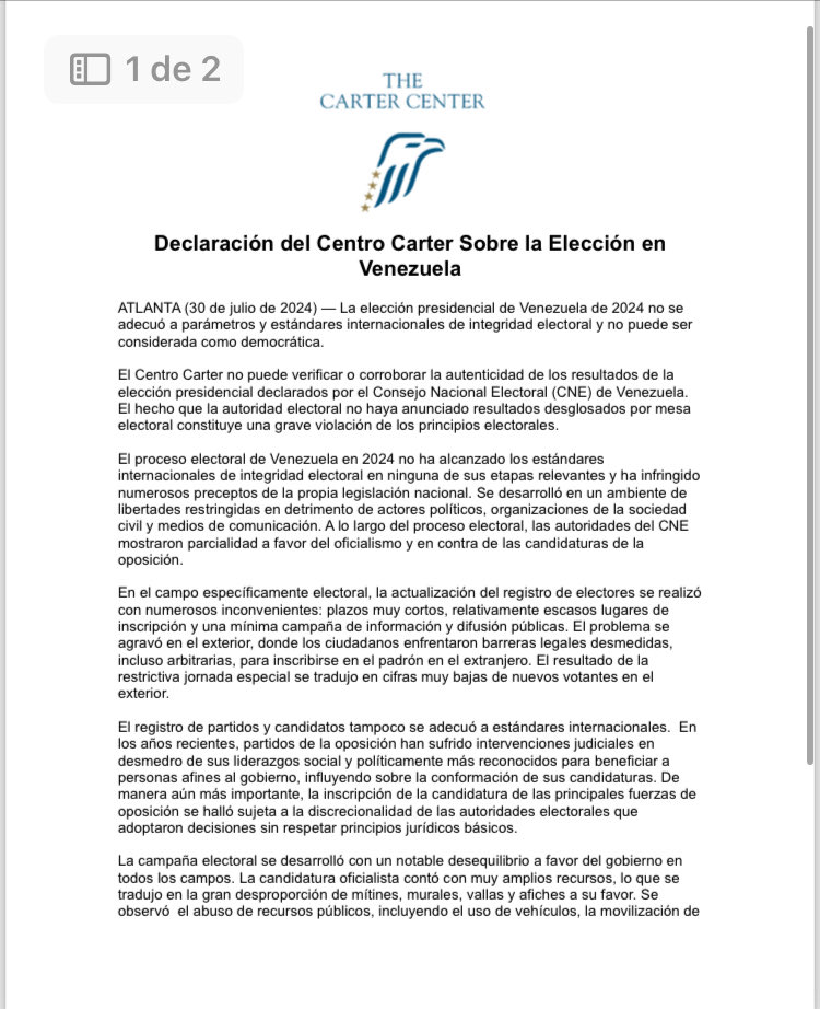Mariche17's tweet photo. Informe de la observación Internacional del Centro Cárter sobre elecciones en Venezuela el 28J antes, durante y después del proceso. 👇🏻👇🏻 https://t.co/yzOwKXaElJ