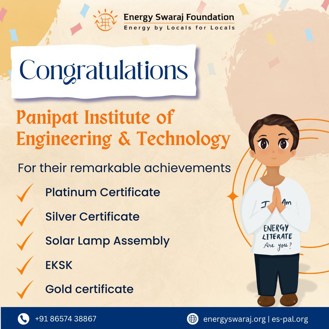 Energy_Swaraj's tweet image. We extend our gratitude to our partner organization, Panipat Institute of Engineering and Technology, @PIETPanipat for their support in advancing our mission of #ActionForClimateCorrection.

Do you want to take up actions for #ClimateCorrection? DM us now!

#EnergySwaraj #rewards