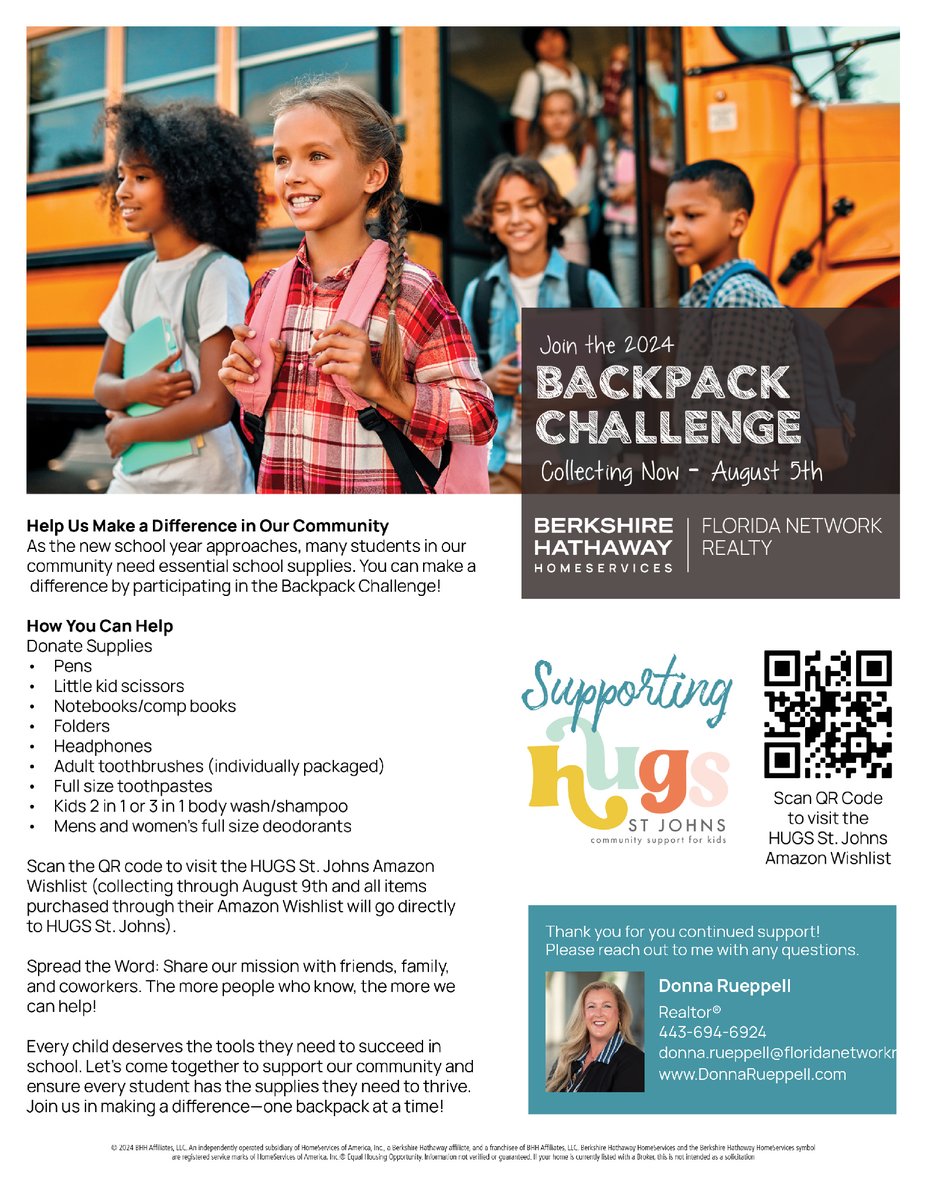 DRueppell's tweet image. Join the Backpack Challenge! ✏️📚 Help us support students in need by donating school supplies. Every little bit helps! 🚌🎒

📅 Dates: Now – August 5th
📍 Drop-off Location: 333 Village Main Street, Suite 670, Ponte Vedra Beach,... qrco.de/bfF4cL

#BackpackChallenge