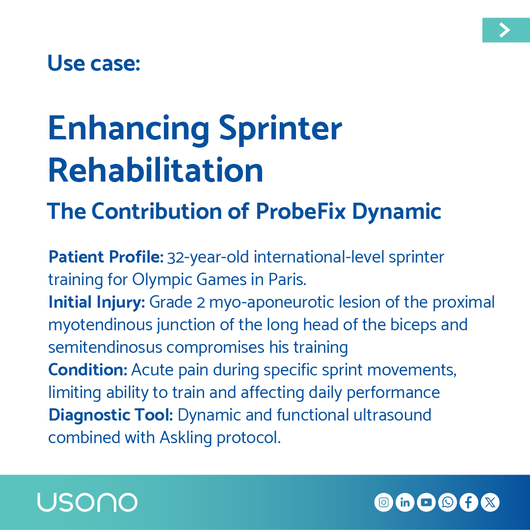usono's tweet photo. 🇫🇷 Physiotherapist Steeve Chiapolini uses ProbeFix Dynamic to enhance rehab process of myotendinous biceps femoris injury in professional sprinter🏃🏾♂️ Full case request via link in comment 📩
#usono #ProbeFixDynamic #mskultrasound #MyotendinousInjury #olympics #Paris2024 https://t.co/YctqdqNrZq