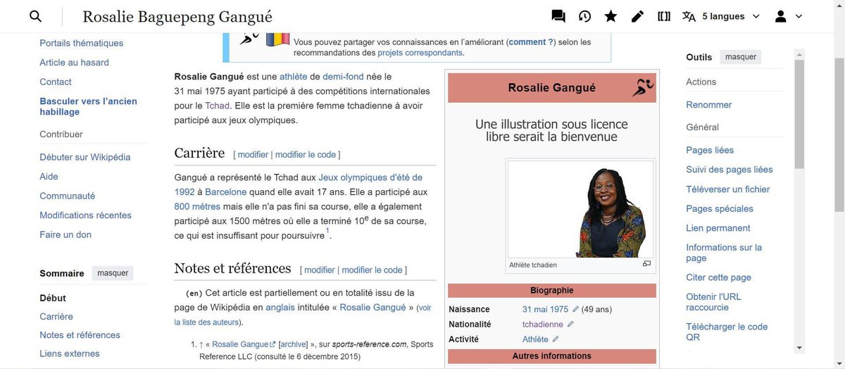 WikimediaTchad's tweet photo. Saviez-vous qui est la première athlète tchadienne à avoir participé aux Jeux Olympiques (JO) ? Il s'agit de Rosalie Baguepeng Gangué lors de Jeux olympiques d'été de 1992 à Barcelone. Découvrez son portrait sur Wikipédia. #Tchad 
👉https://t.co/QgbJk0MGrk https://t.co/rP5nDz5c5o