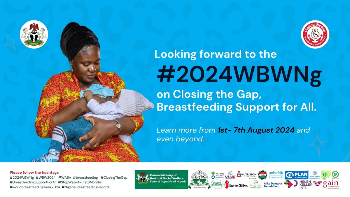Looking forward to #2024WBWNg on Closing the Gap, Breastfeeding Support for All. Learn more from 1st- 7th August 2024 and even beyond. Please follow the hashtags #WBW2024​ #WABA ​#breastfeeding​​ #worldbreastfeedingweek2024 ​@fmohnigeria
<a href="/HPDgov/">Health Promotion Nigeria</a>, <a href="/NphcdaNG/">NPHCDA</a>, <a href="/FctPhcb/">FCT-Primary Health Care Board.</a>, <a href="/CS_SUNN/">SUN CSA-Nigeria</a>,