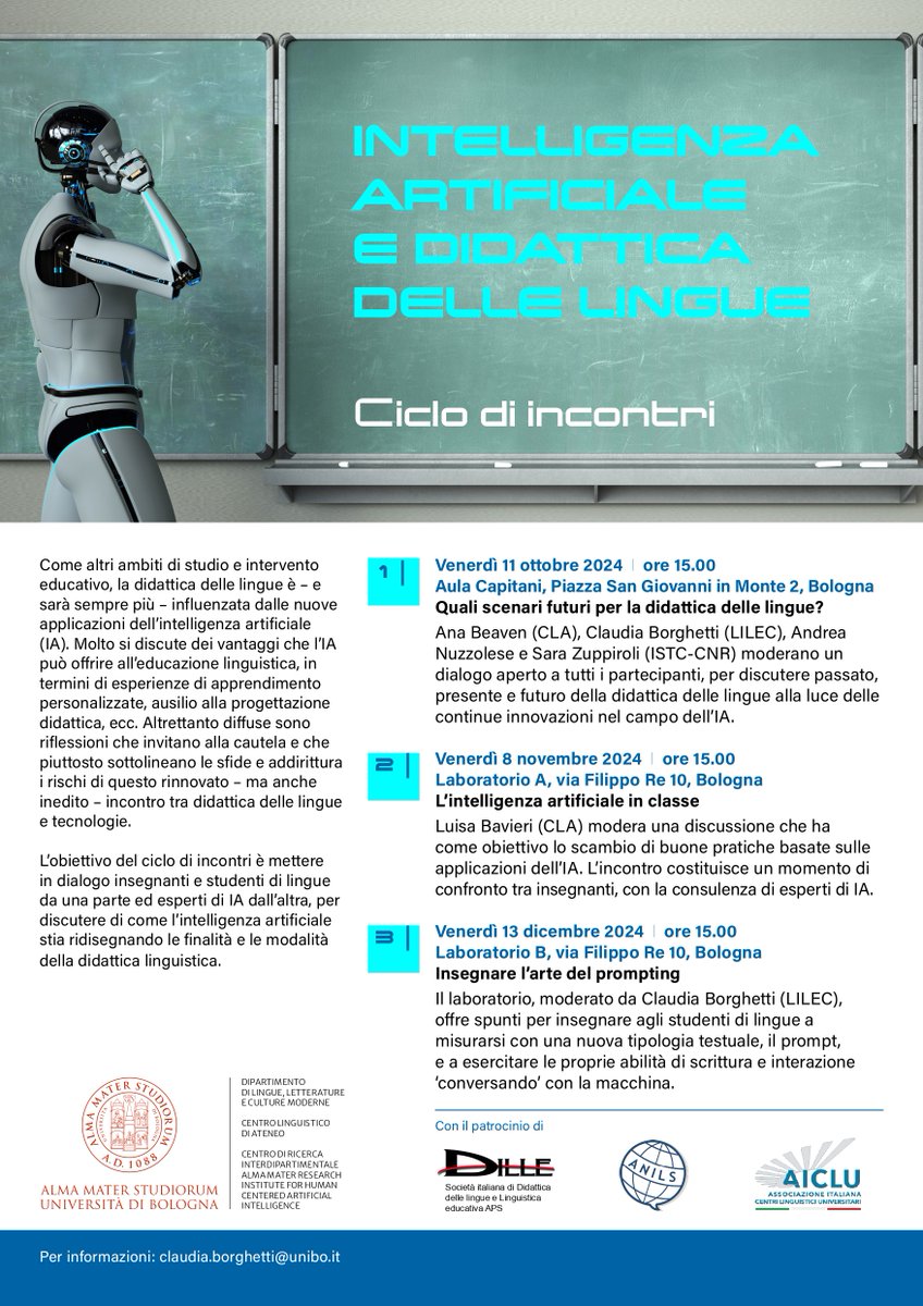 INTELLIGENZA ARTIFICIALE E DIDATTICA DELLE LINGUE - Ciclo di incontri
🔹Venerdì 11 ottobre h 15.00. Quali scenari futuri per la didattica delle lingue?
🔹Venerdì 8 novembre h 15.00. L’intelligenza artificiale in classe
🔹Venerdì 13 dicembre h 15.00. Insegnare l’arte del prompting