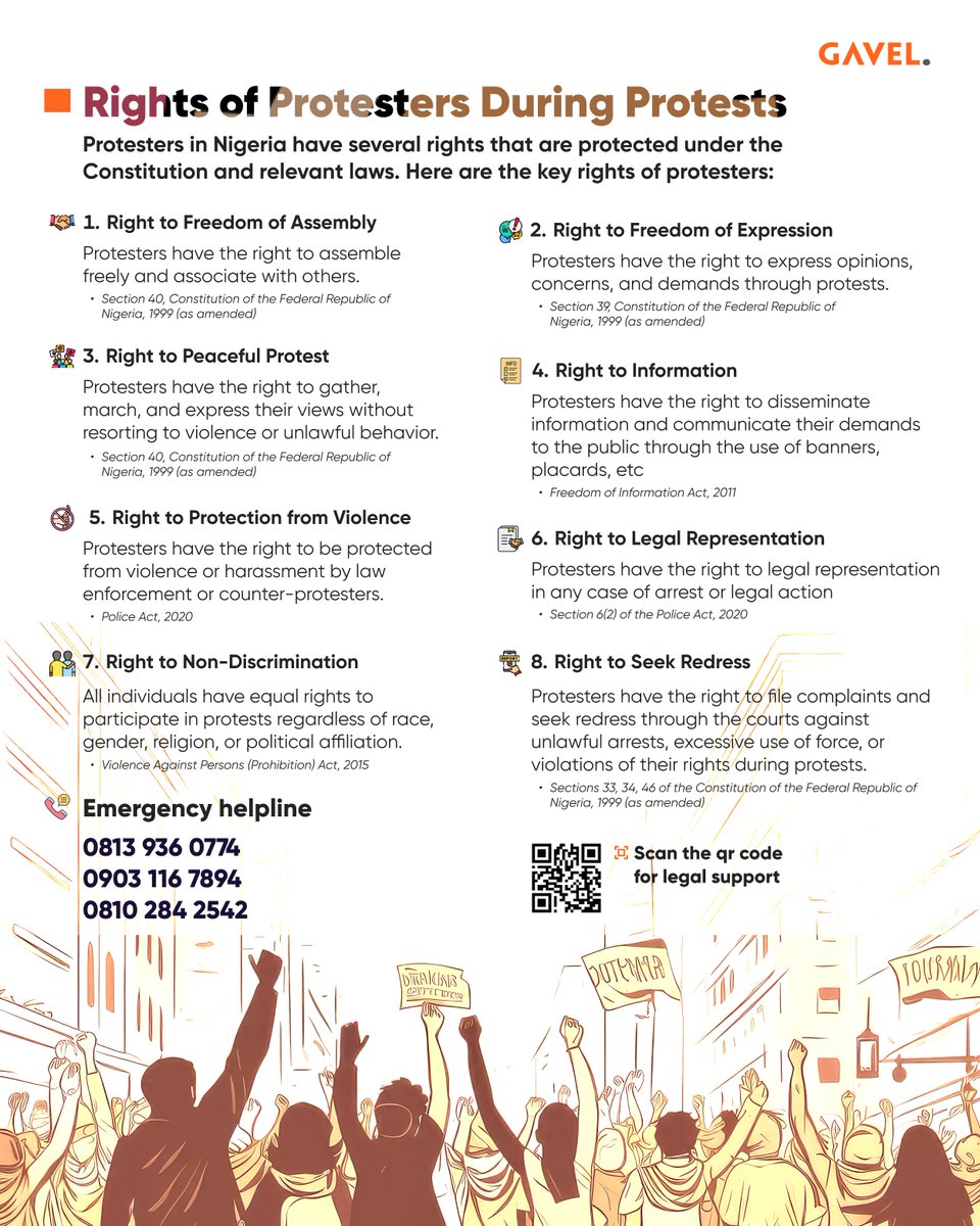 Nobody can intimidate you when you know your rights as a peaceful #EndBadGovernance protester. 

🆘In case of a legal emergency, dial our helpline for immediate support👇

#EndBadGovernace #PeacefulProtest #EndBadGovernanceInNigeria