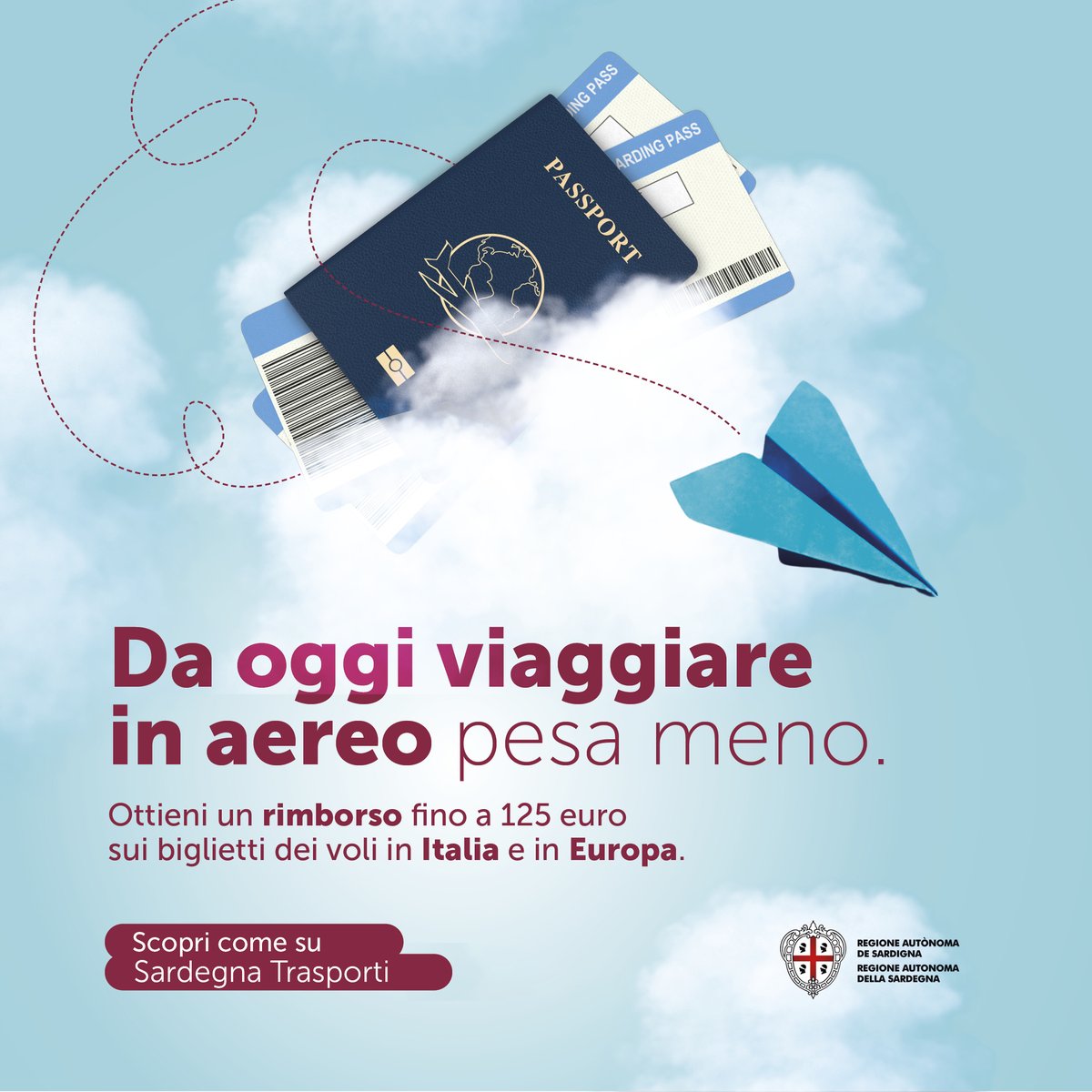 ✈️Sei residente in Sardegna? Ottieni fino a 125 euro di rimborso sui voli per l'Italia e per l'Europa (escluse le rotte in continuità territoriale).

👉Scopri tutti i dettagli e inoltra la richiesta su sardegnatrasporti.regione.sardegna.it

#SardegnaTrasporti
#TrasportoAereo