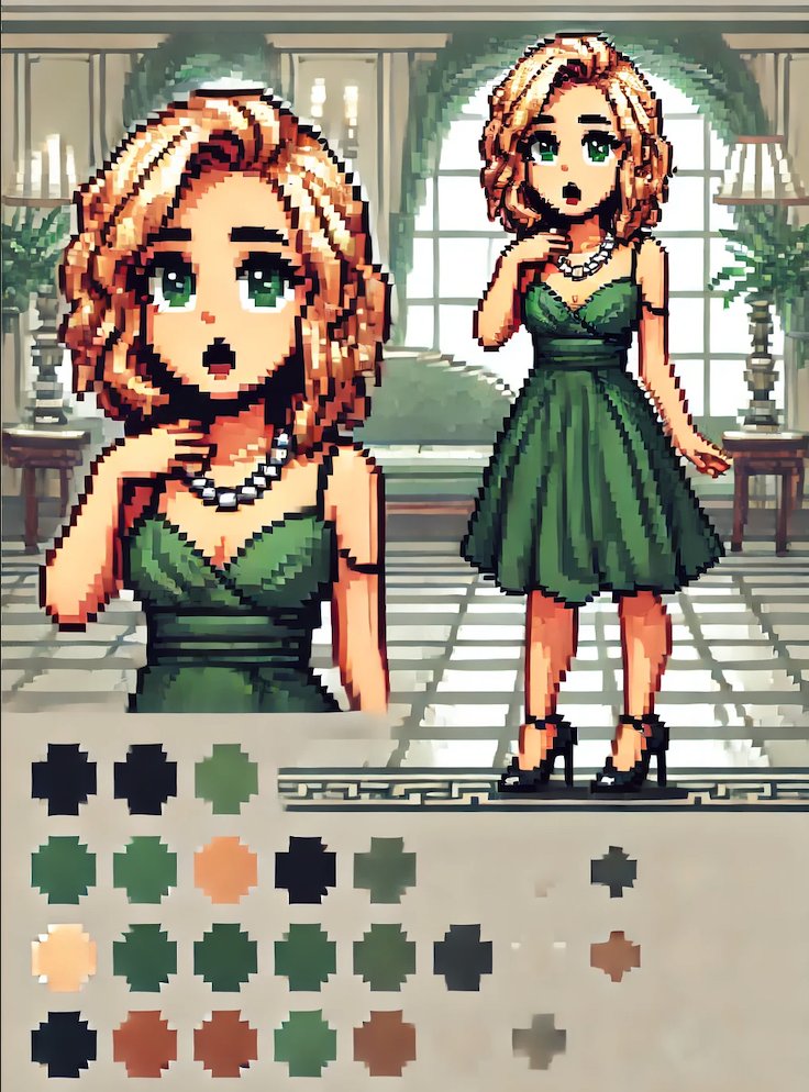 GregRalphQ's tweet image. #PixelArt #ElegantScene Surprised by the beauty in pixelated elegance! 💚👗 #RetroHumor #Comic #PixelVibes #ArtInPixels #StylishPixels
