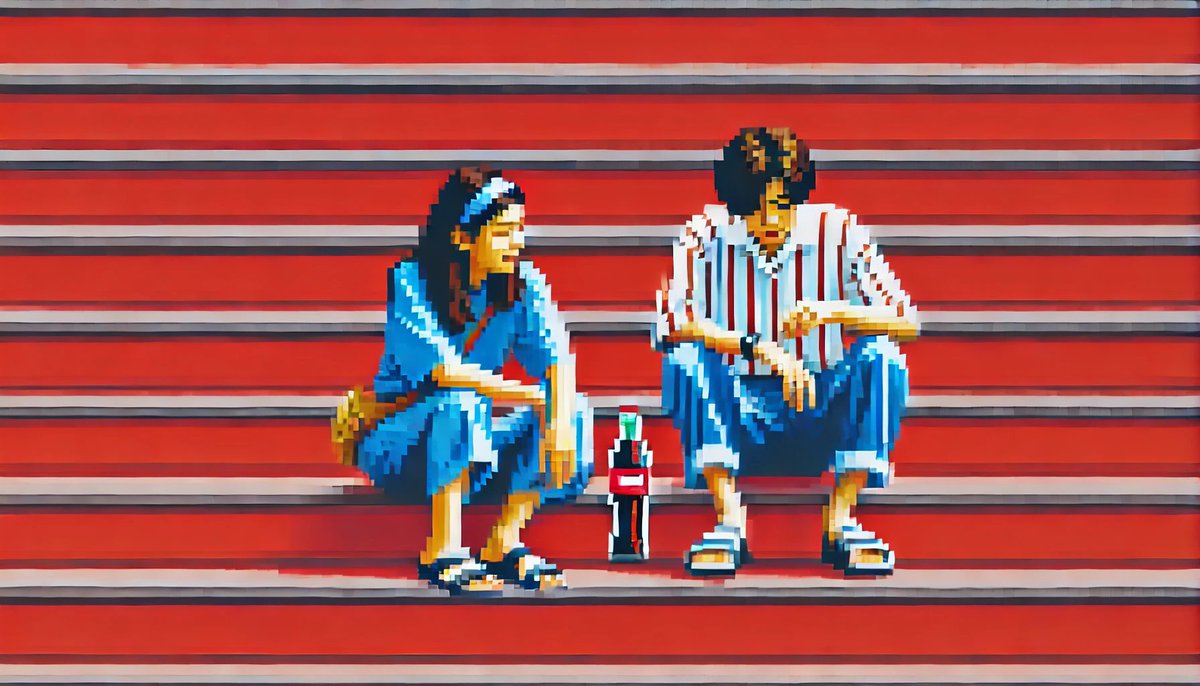 GregRalphQ's tweet image. #PixelArt #ChillVibes Just hanging out on the steps with a cold drink! 🥤🪑 #RetroHumor #Comic #PixelVibes #CasualMoments #ArtInPixels