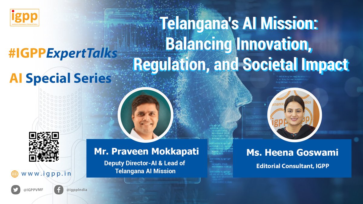 Institute for Governance, Policies & Politics (@igppvmf) on Twitter photo 📢#Watch live tomorrow at 7 PM
<a href="/IGPPVMF/">Institute for Governance, Policies & Politics</a>’s #IGPPExpertTalks special series on AI.
Mr. Praveen Mokkapati (<a href="/MokkaSpeaks/">Praveen Mokkapati</a>), Deputy Director-AI & Lead of Telangana AI Mission (<a href="/AiTelangana/">Telangana AI Mission</a>) explains on the Telangana AI Mission and how the state government supports the development of 📢#Watch live tomorrow at 7 PM
<a href="/IGPPVMF/">Institute for Governance, Policies & Politics</a>’s #IGPPExpertTalks special series on AI.
Mr. Praveen Mokkapati (<a href="/MokkaSpeaks/">Praveen Mokkapati</a>), Deputy Director-AI & Lead of Telangana AI Mission (<a href="/AiTelangana/">Telangana AI Mission</a>) explains on the Telangana AI Mission and how the state government supports the development of