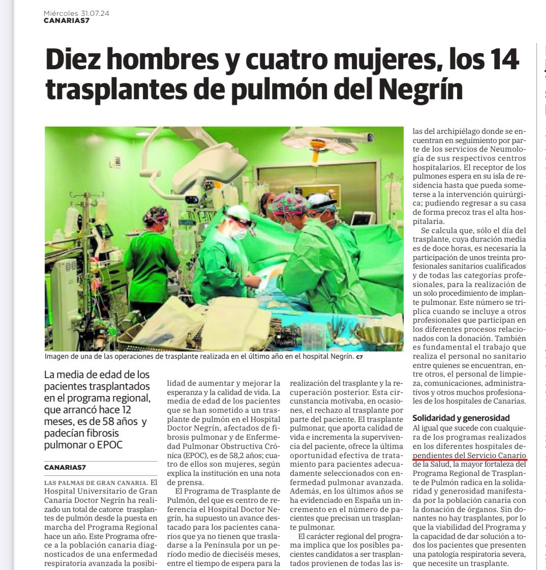 Desde hace un año los canarios ya no tienen que irse a vivir a la península para trasplantarse un pulmón 🫁 🇮🇨

En el Hospital Universitario de Gran Canaria Dr Negrin 🏥 cumplimos un año realizando esta técnica y son ya 14 los canarios que se les ha realizado. 

Enhorabuena a