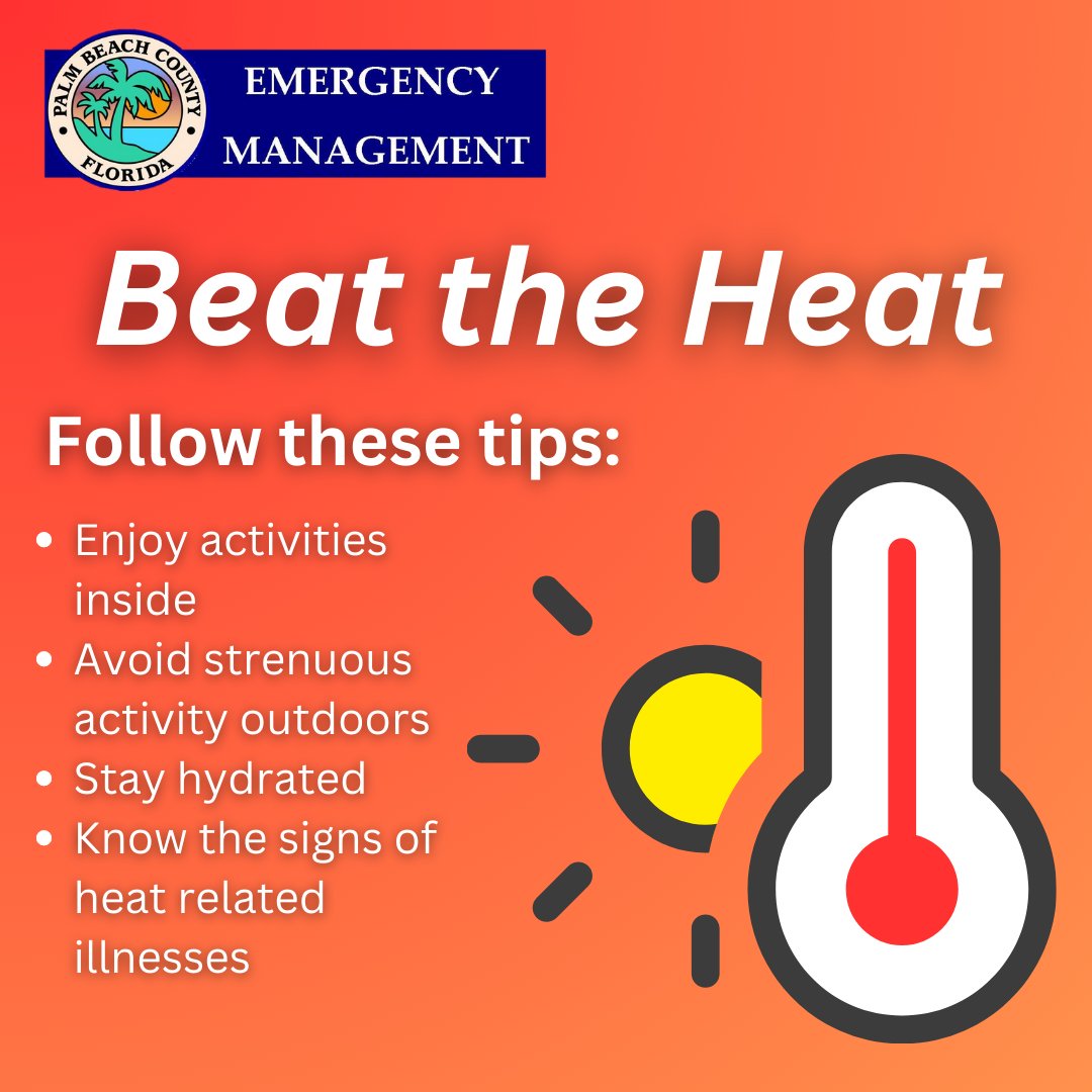 PBCOEM's tweet photo. When its summer in South Florida, expect extreme heat. FEMA identifies extreme heat as high humidity, with temps above 90 degrees for 2 or more days. Prepare by paying attention to humidity, temp., and know the signs of heat stroke!
#TEAMPBC #PBCDEM #PublicSafety https://t.co/pJ8Z3FZa4M