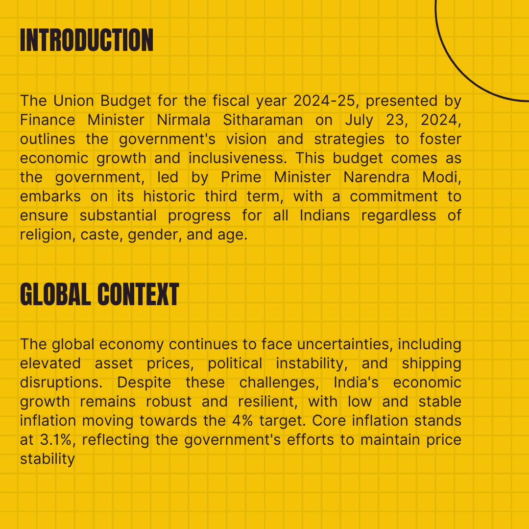 MMCibsHyd's tweet photo. "India's 2024-25 Budget focuses on fostering economic growth, inclusiveness, and fiscal prudence. Key highlights include increased MSPs, expanded welfare programs, significant investments in infrastructure, and tax reforms. The budget aims to ensure sustainable development https://t.co/FHnPh62p4C
