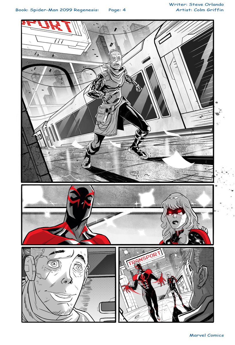 Colgriff84's tweet photo. Here are some new #marvel #samplepages that I have been working on. Thank you to the extremely talented and absolute gentleman @thesteveorlando for allowing me to use one of his older #spiderman2099exodus scripts. #comicbooks #ncbd #blackwidow2099 #spiderman2099 https://t.co/Og4hxL743m