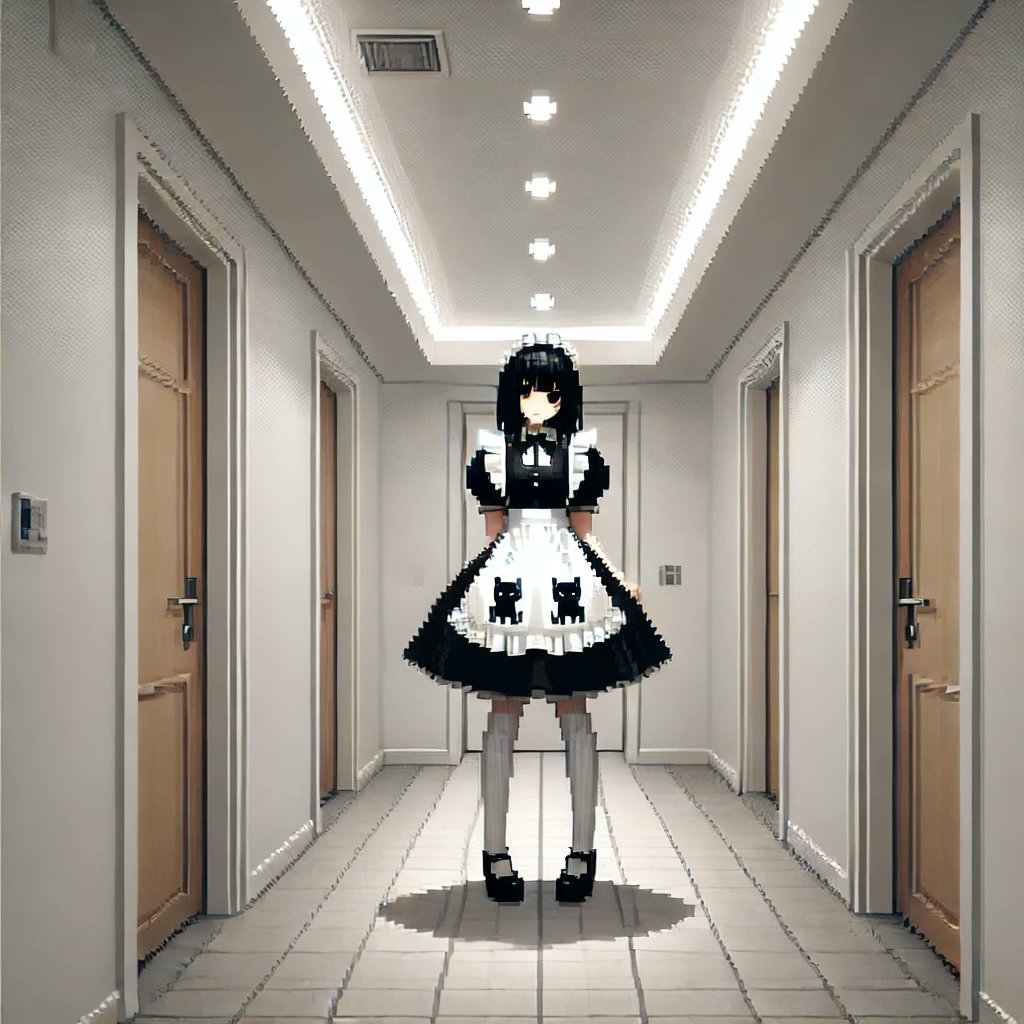 GregRalphQ's tweet image. #PixelArt #ModernMaid A playful pose in a modern hallway, combining vintage charm with a whimsical touch! 🐱✨ #RetroHumor #Comic #PixelPerfect