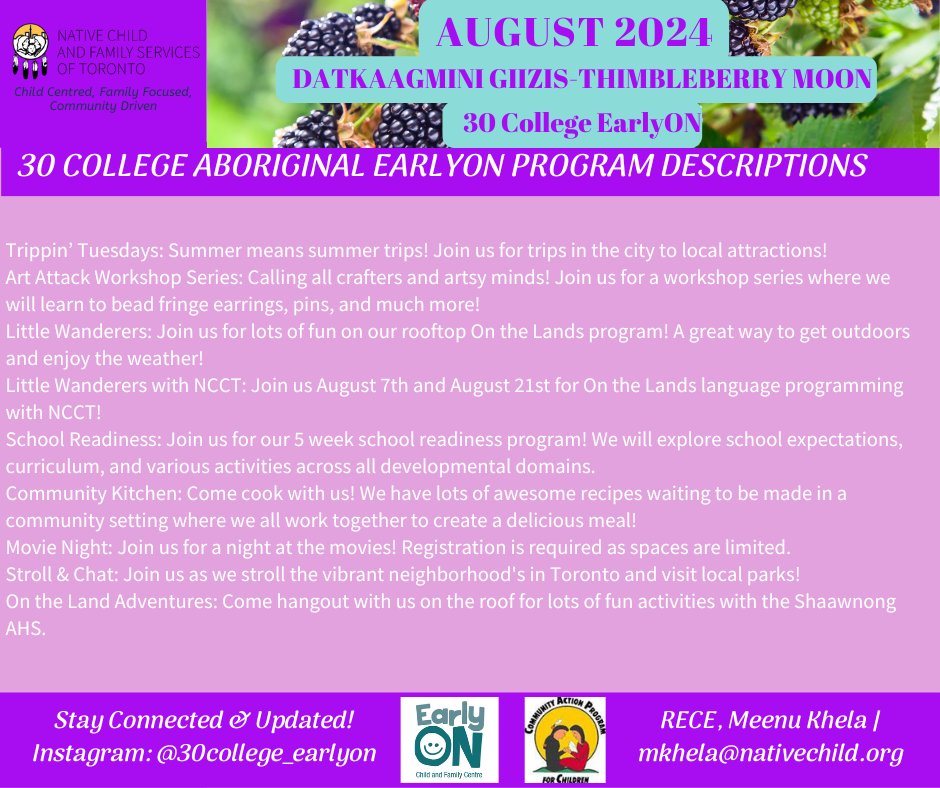 NCFST's tweet image. Here are some of the programs happening at 30 College for the month of August. Contact Meenu at mkhela@nativechild.org for more information.

#NCFST #NativeChild