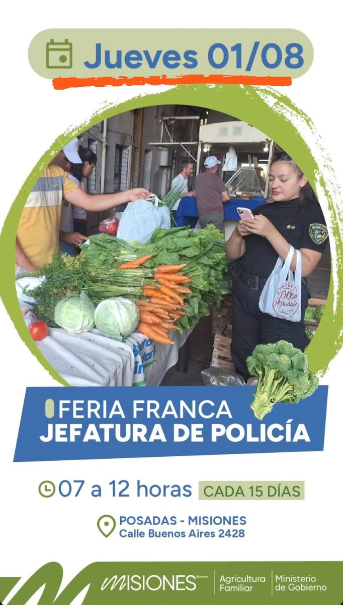 Mañana iniciamos agosto a pura feria! Te esperamos en la Jefatura de Policía, calle Buenos Aires  2428, de 7 a 12 H., con productos de calidad y a un precio imbatible! Recordá que esta feria funciona cada 15 días, así que no te pierdas la oportunidad de visitarla!
Te esperamos!