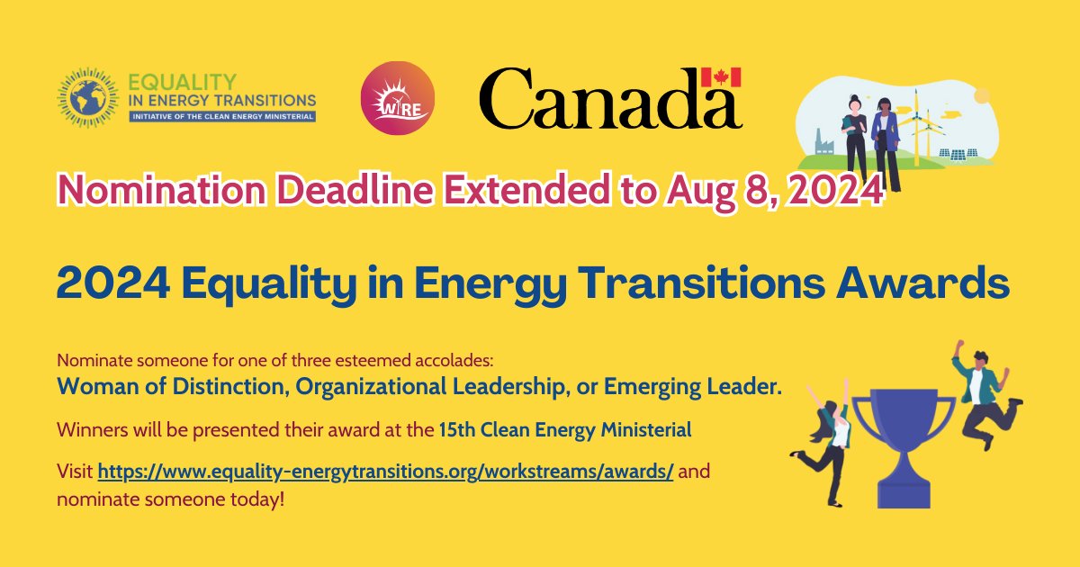 📢 DEADLINE EXTENDED 📢 
 
Don't miss the opportunity to recognize and celebrate the incredible women and organizations spearheading gender equality in the energy sector! 🏆⚡ 
 
Submit your nominations by August 8th: cleanenergyministerial.org/nominations-fo…