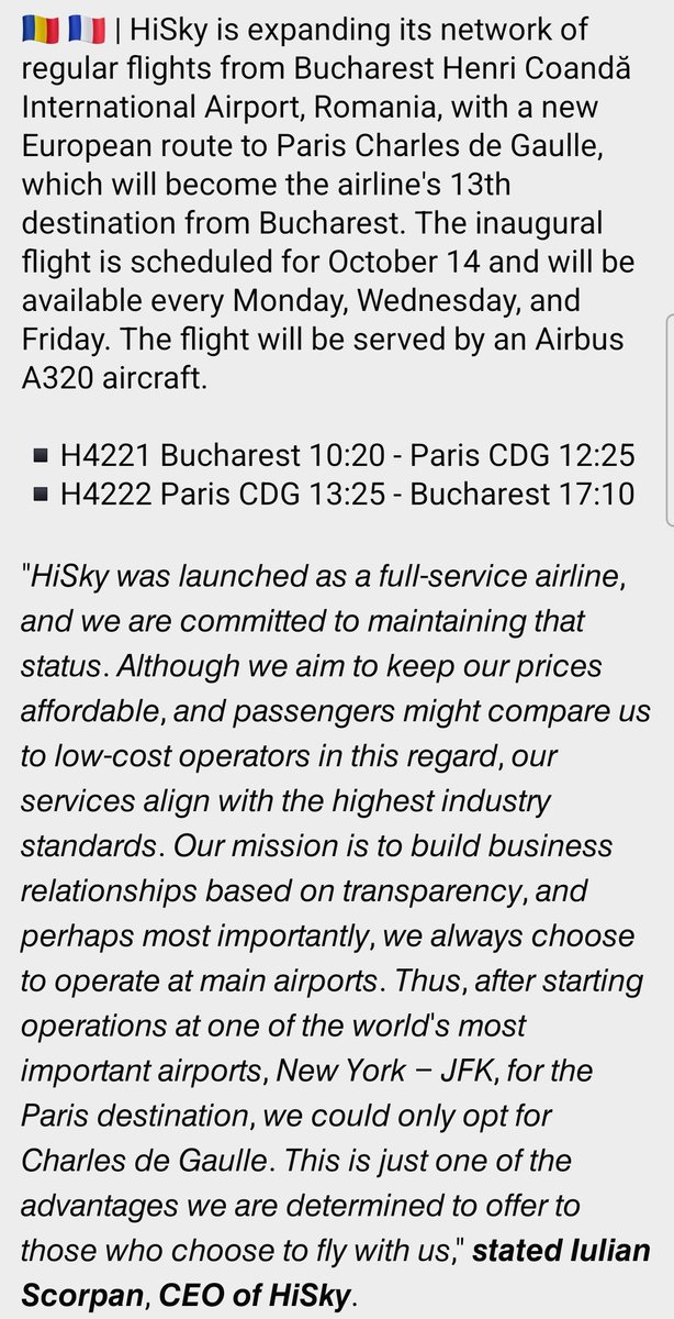 FlightModeblog's tweet photo. 🇷🇴 🇨🇵 | #HiSky is expanding its network of regular flights from #Bucharest Henri Coandă Int'l Airport, #Romania, with a new European route to #Paris Charles de Gaulle, which will become the 13th destination from Bucharest.
📷 ©HiSky
#France #CDG #aviation #AvGeek #avgeeks https://t.co/h3t4FozEBF