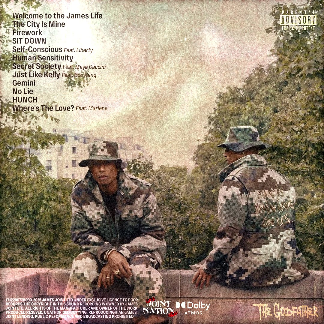 infosjames's tweet photo. 📲 Confira a capa de tracklist do "The Godfather":

Welcome to the James Life 
The City Is Mine
Firework
SIT DOWN
Self-Conscious (ft. Liberty)
Human Sensitivity
Secret Society (ft. Maya Caccini)
Just Like Kelly (ft. Boo Hang)
Gemini
No Lie
HUNCH
Where's The Love? (ft. Marlene) https://t.co/eWahd9ItBL