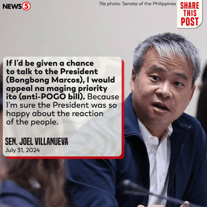 News5PH's tweet photo. Plano ni Sen. Joel Villanueva na iapela kay Pres. Bongbong Marcos na gawing prayoridad ng administrasyon ang kaniyang panukalang “Anti-POGO Act.” #News5 https://t.co/fcqkvrIuRM