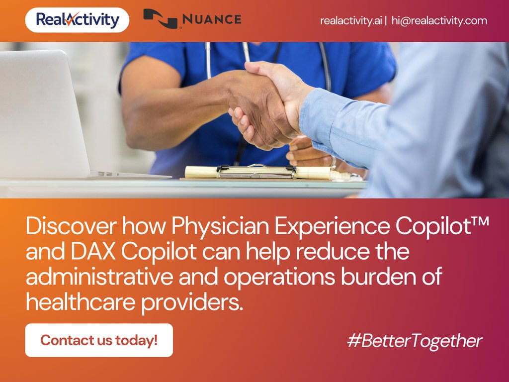 realactivityusa's tweet photo. Burnout is a significant issue for frontline healthcare workers. With AI-driven solutions like #RealActivity’s #PhysicianExperience Copilot™ and #Nuance’s #DAXCopilot, we can reduce administrative burdens and improve #patientcare.

#providerexperience #copilot #missioncritical https://t.co/hSp56Mmyrv