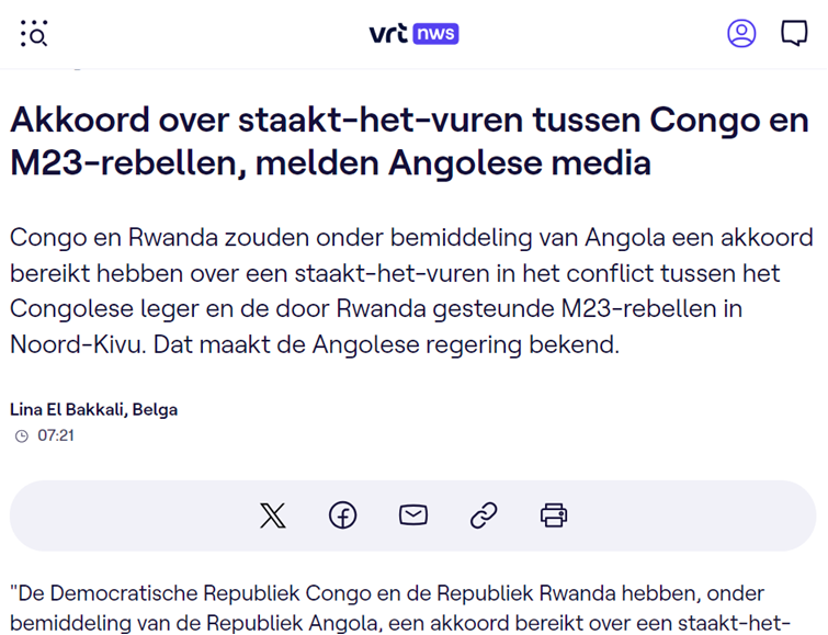 Wapenstilstand tussen #Congo &amp; M23 dankzij regionale bemiddeling is goede zaak. Naleving door alle partijen is nu cruciaal voor geloofwaardigheid van regionale vredesinitiatieven. Daarnaast nood aan duurzame oplossing met respect voor ieders territoriale soevereiniteit #peace🇨🇩