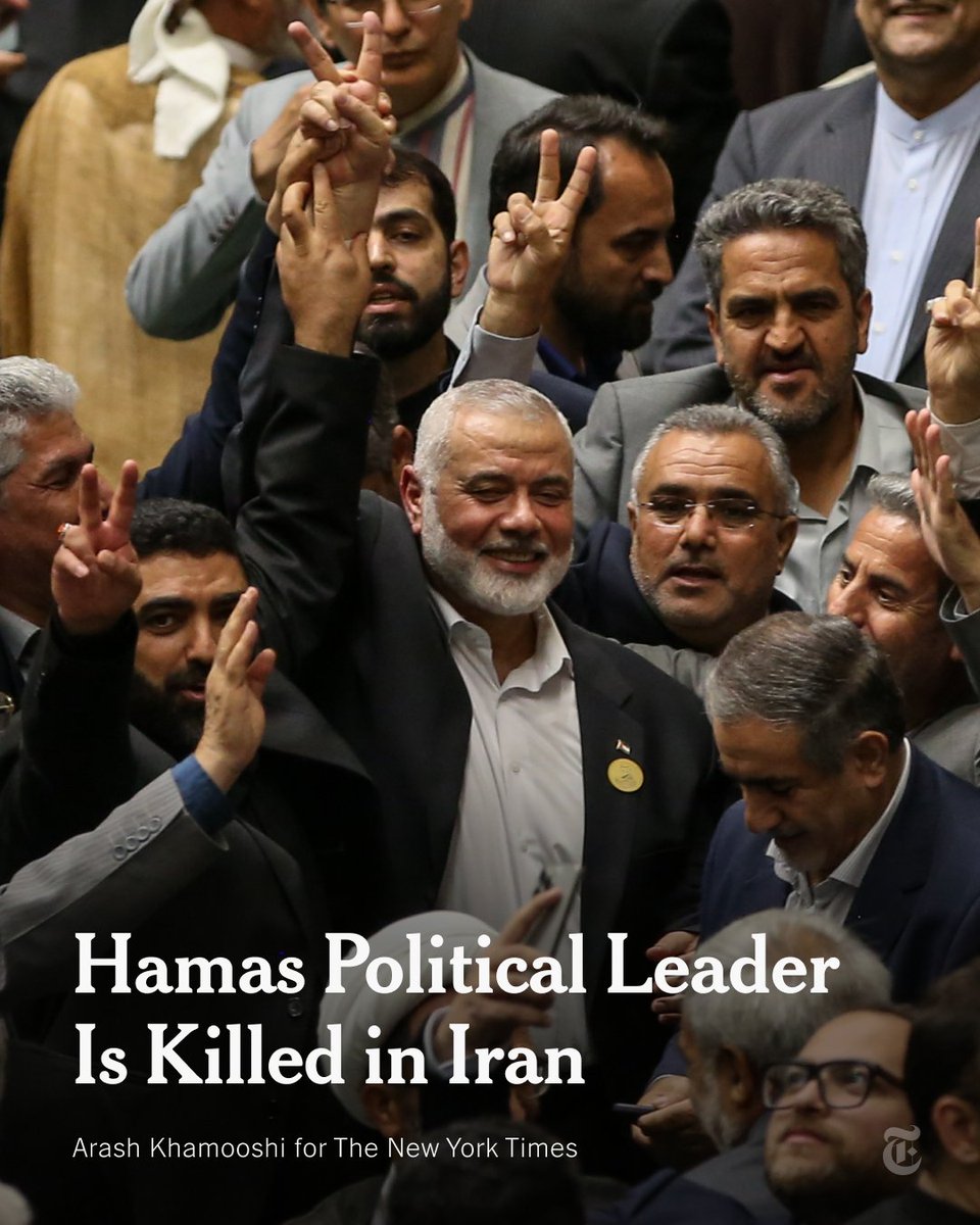 nytimes's tweet photo. Hamas accused Israel of killing Ismail Haniyeh, a top Hamas leader who was in Tehran for the inauguration of Iran's new president, though there was no response from Israel. His death raised fears of a wider war in the region. Follow live updates: https://t.co/3JTULIzOin https://t.co/2SdnxmuFFk