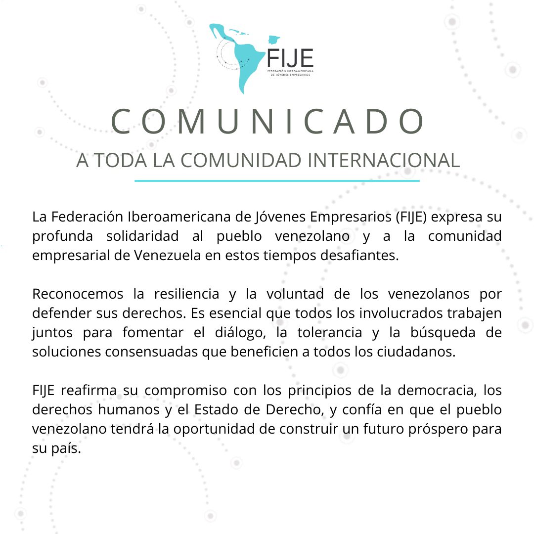 <a href="/FIJEmpresarios/">FIJE</a> expresa su solidaridad al pueblo venezolano y a su comunidad empresarial. Reconocemos su resiliencia y llamamos a todos a fomentar el diálogo y la búsqueda de soluciones consensuadas. #Venezuela #Democracia #DerechosHumanos #EstadoDeDerecho #Solidaridad