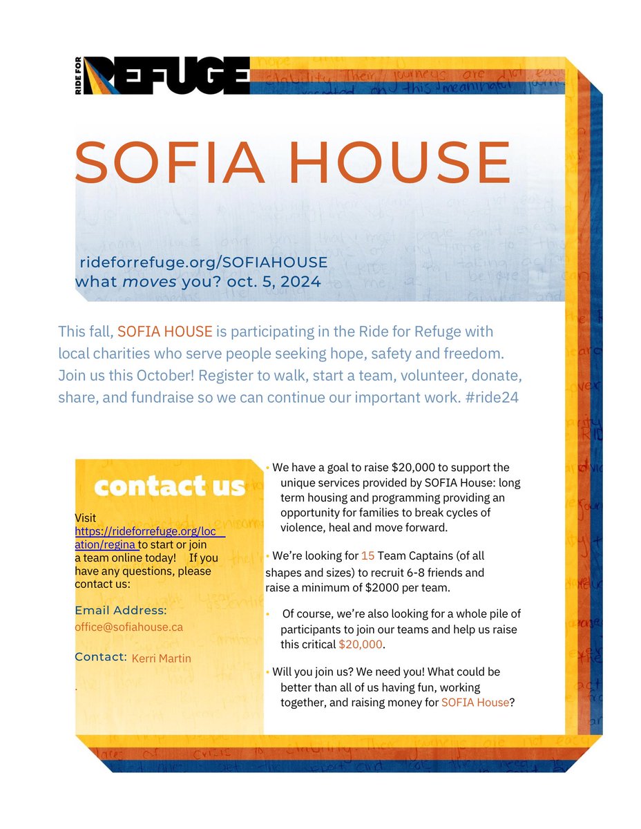 SOFIA House is teaming up with Blue Sea Foundation for our inaugural fundraiser event: The Ride for Refuge! Join us on October 5, 2024. Become a Team Captain, rally your friends, and walk  with us. 
#SOFIAHouse