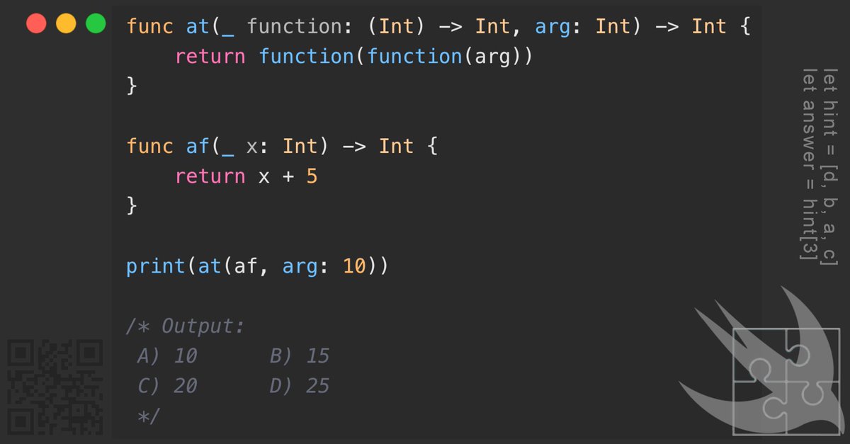 GregCoolShade's tweet image. ★★★☆☆ Challenge your understanding of function composition in Swift! Can you predict the output? #Swift #ProgrammingPuzzle #SwiftChallenge
