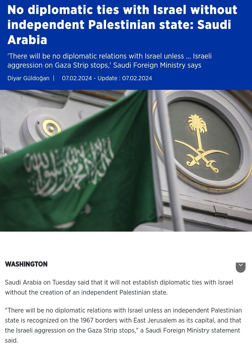 al_Samancii's tweet photo. I am sick of the fake news against Saudi Arabia

Saudi has never had any diplomatic relations with the Zionist Jewish occupation,

It has never recognised them and voted against UN Partition Plan in the 1940s.

Saudi official position:

Independent Palestinian state or nothing. https://t.co/A4rKZGgHG7