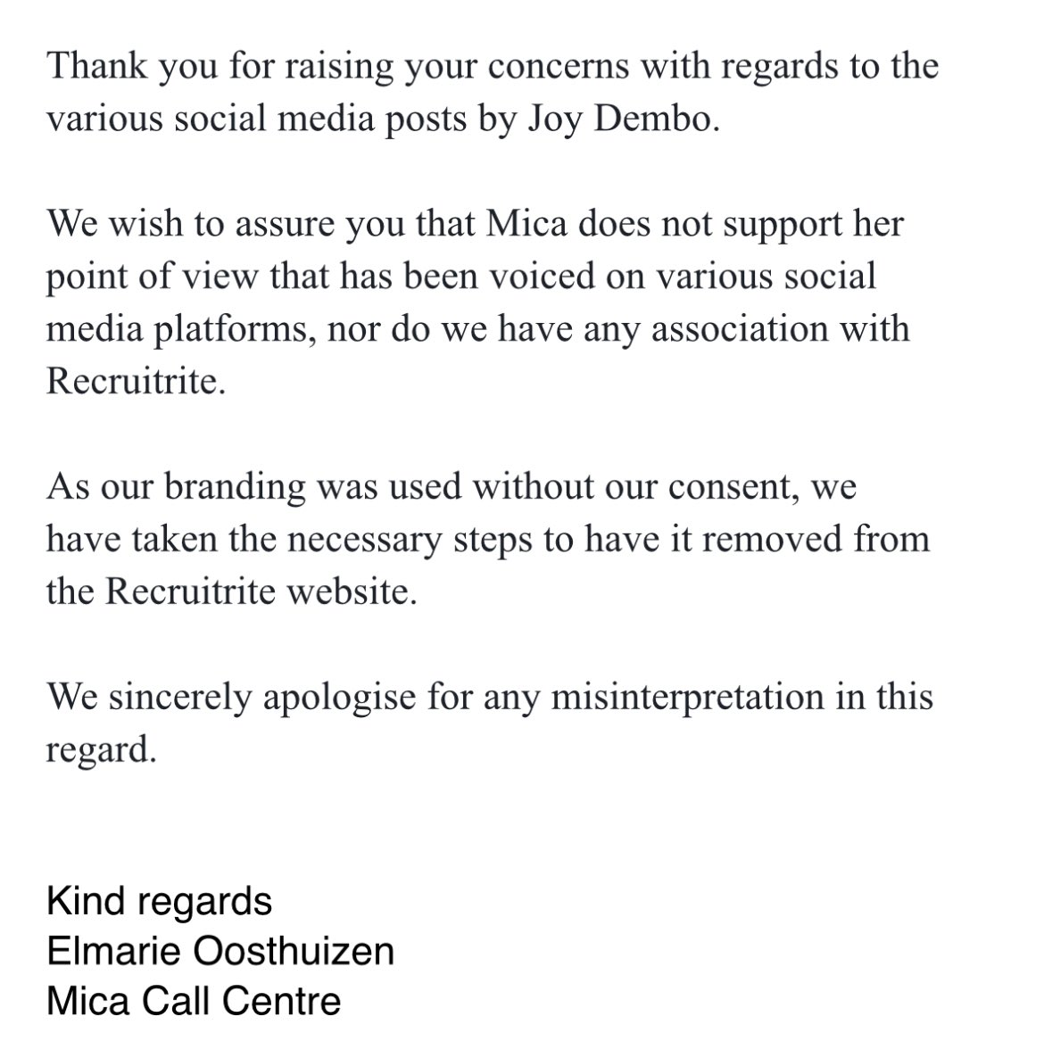 StopArabHate's tweet photo. 🚨 TERMINATED: Joy Dembo has lost a client after laughing at the death of a child

Her company RecruitRite, based in South Africa, has taken down its website https://t.co/BmPB4CsoQz