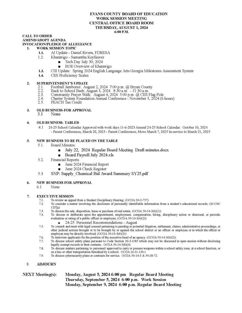 ECCSS Board Work Session
Thursday, August 1, 2024  6:00pm
Central Office Board Room