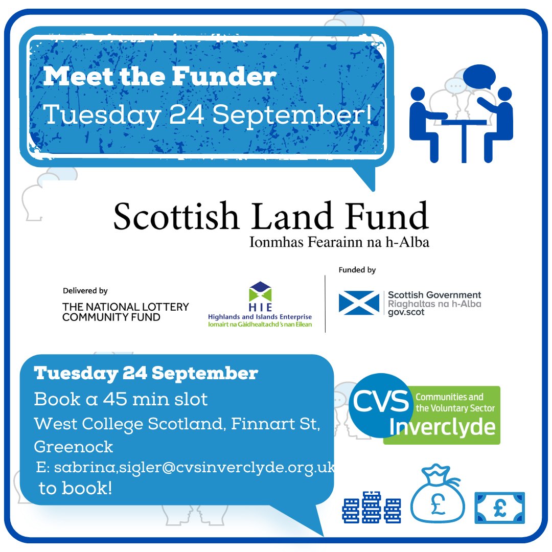 CVS Inverclyde (@cvsinverclyde) on Twitter photo 👋 Meet the Funder: Scottish Land Fund, administered by <a href="/TNLComFundScot/">The National Lottery Community Fund Scotland</a>.
🗓 Tuesday 24 September, please book a 45 minute slot
📍 CVSI office, West College Scotland, Finnart Street, Greenock
Email Sabrina.sigler@cvsinverclyde.org.ukto book your slot. 👋 Meet the Funder: Scottish Land Fund, administered by <a href="/TNLComFundScot/">The National Lottery Community Fund Scotland</a>.
🗓 Tuesday 24 September, please book a 45 minute slot
📍 CVSI office, West College Scotland, Finnart Street, Greenock
Email Sabrina.sigler@cvsinverclyde.org.ukto book your slot.