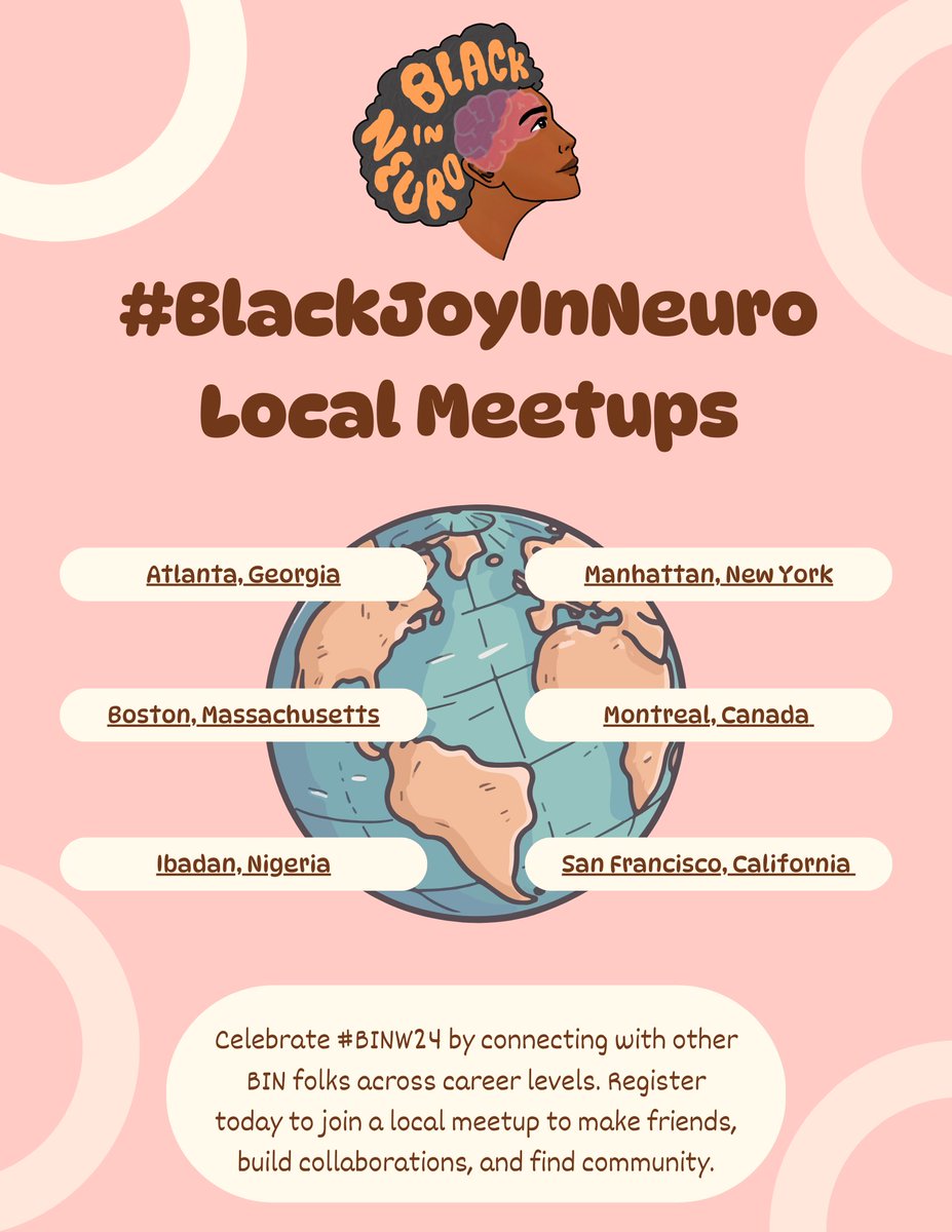 We’ve built an amazing community here online but in person connections are so important  So for #BlackJoyNeuro we are excited to bring back our local meet-ups for the 2nd time in 6 locations around the world 🌍 ✨ follow the link to learn more blackinneuro.com/binw24/blackjo…