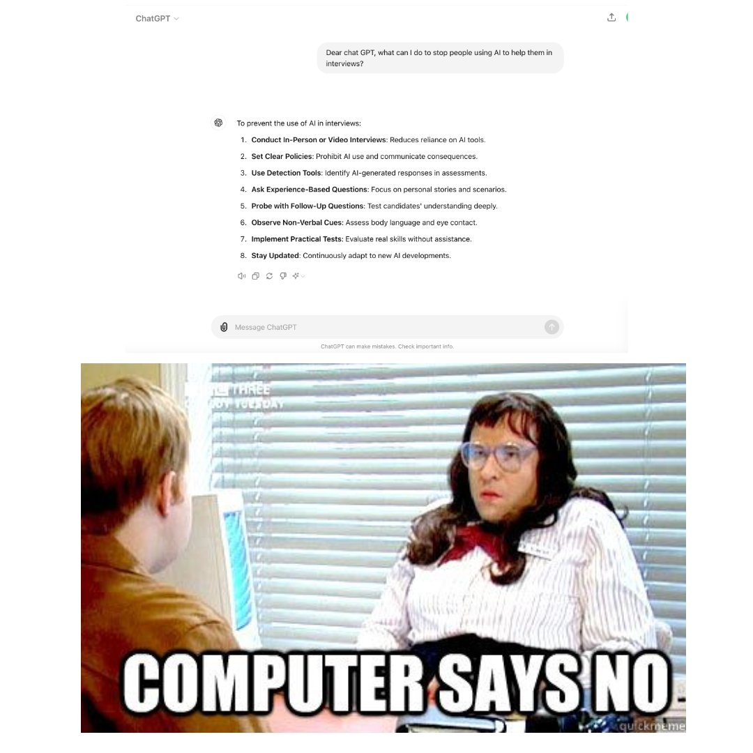 agilicist's tweet image. AI is increasingly being used to cheat in interviews, so we created an easter egg to catch them out: "no E's allowed in your answer." Any ideas for more comedy ways to root out the human/AI hybrids? Have you experienced this or successfully caught someone?