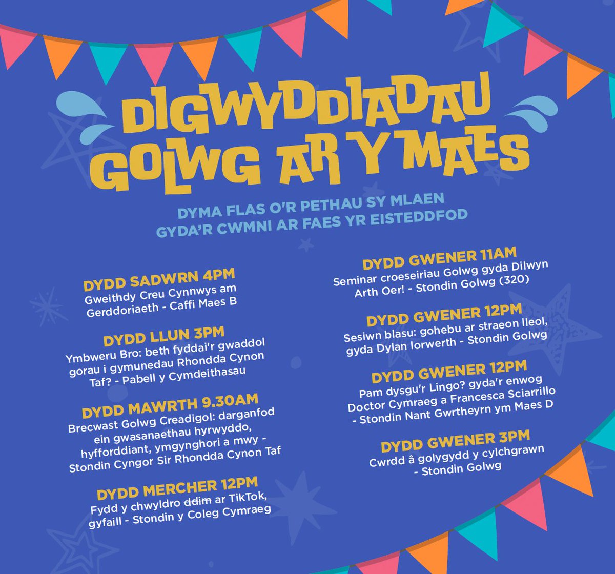 Mae gan Golwg ddigonedd ymlaen yn <a href="/eisteddfod/">eisteddfod</a>
Rhondda Cynon Taf!🎪 

Dyma flas o'r arlwy arbennig sydd gennym ar draws yr wythnos - o seminar croeseiriau gyda Dylan Iorwerth i ddysgu sut i ohebu ✏️📰

Dewch draw i ddweud helo! 👋