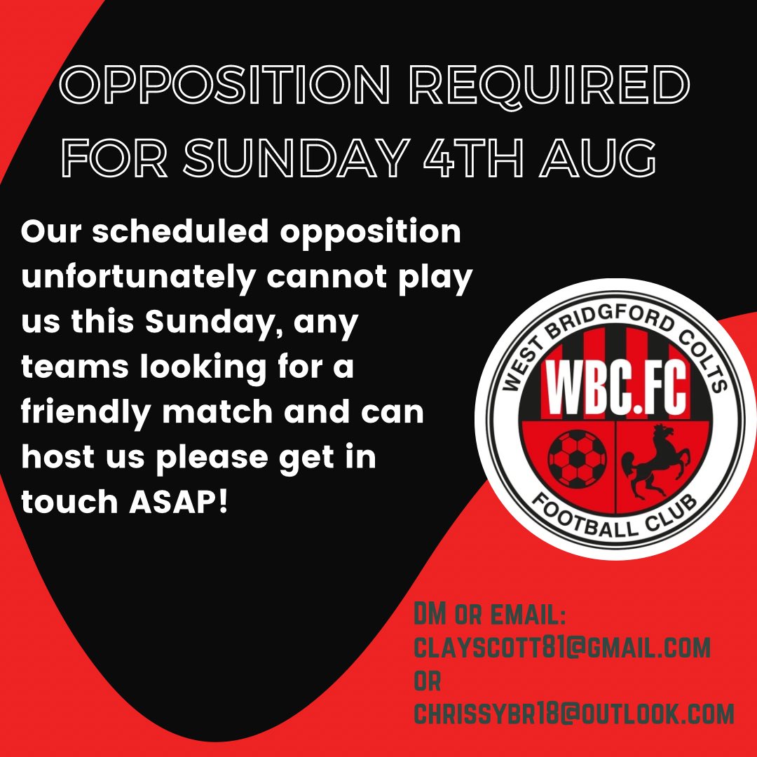 ‼️ Opposition required for this Sunday, must be able to host‼️ please get in touch if you are looking for a fixture this weekend, we have a squad ready to travel and play ⚽️