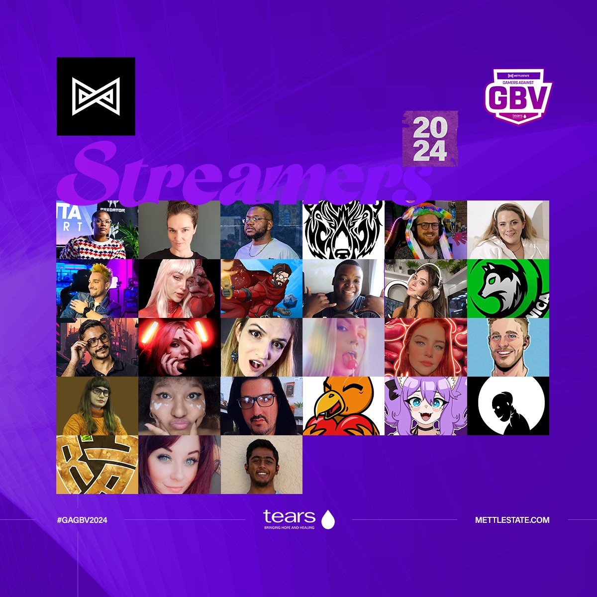 We have the most amazing and wonderful streamers joining us for #GAGBV2024💜! 🤩

To see our upcoming GAGBV schedule, goal and more information about @TEARS_SA and their cause, head over to our website 👉 tinyurl.com/GAGBV2024

#GAGBV2024 #TEARS