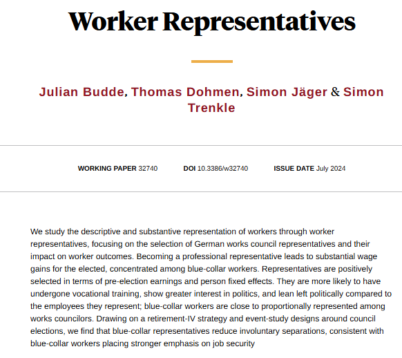 Worker Representatives on German works councils are positively selected. When blue-collar representatives are elected, they reduce layoffs, consistent with workers' preferences, from <a href="/buddejul/">Julian Budde</a>, <a href="/thomas_dohmen/">Thomas Dohmen</a>, <a href="/simon_jaeger/">Simon Jäger</a>, and <a href="/Simon_Trenkle/">Simon Trenke</a> nber.org/papers/w32740